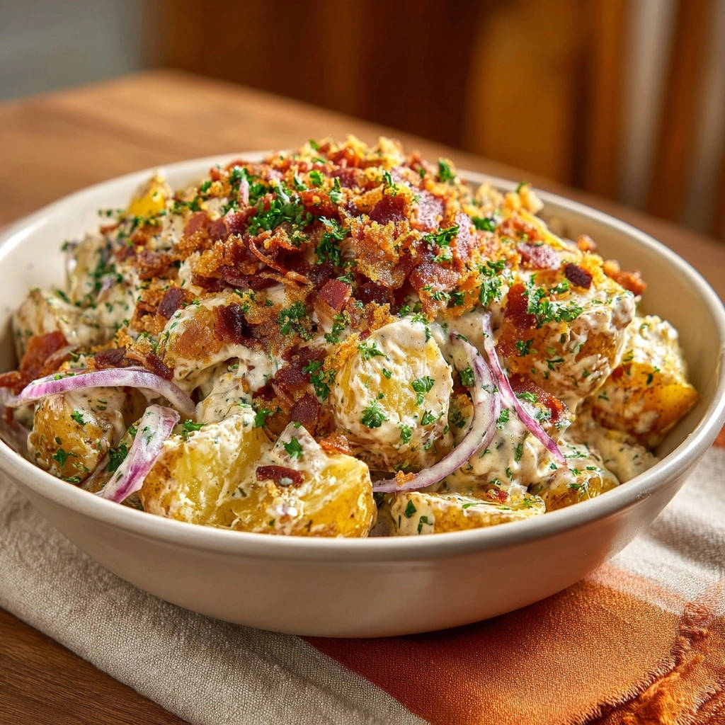 Herzhafter Kartoffelsalat Knusper Topping Detail Garnitur 1 Herzhafter Kartoffelsalat mit Knusper-Topping, garniert mit Speck und Petersilie, mit roten Zwiebeln im cremigen Dressing.