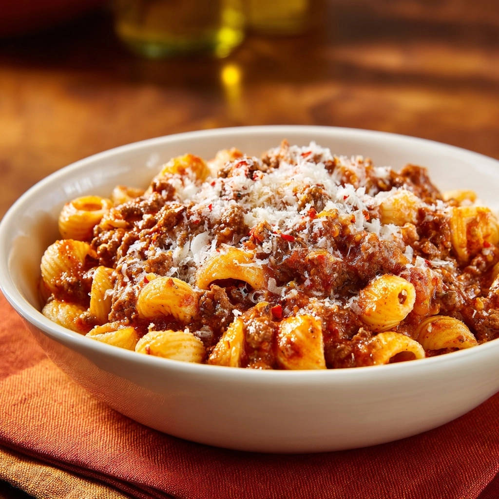 Herzhaftes Rinderragu mit Paccheri als Detailaufnahme in einer weißen Schüssel mit geriebenem Käse und Chili-Flocken.