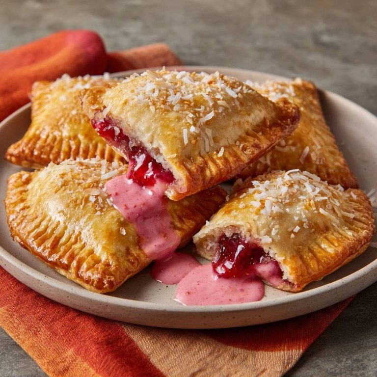 Knusprige Himbeer-Kokos-Turnovers angeschnitten mit Himbeerfüllung und Kokosraspeln, auf einem Teller serviert