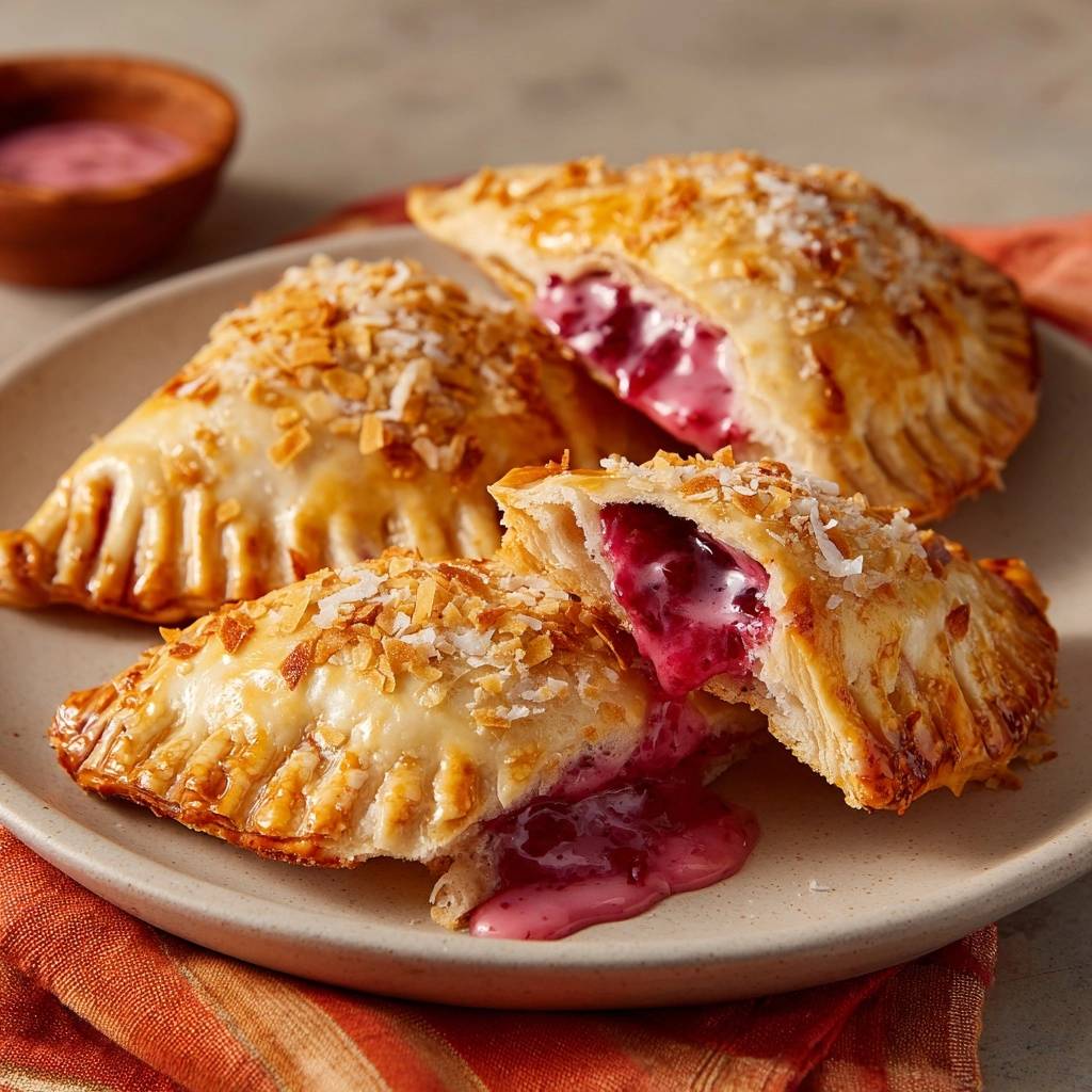 Knusprige Himbeer-Kokos-Turnovers angeschnitten, die saftige rote Füllung mit Kokosflocken ist gut sichtbar.