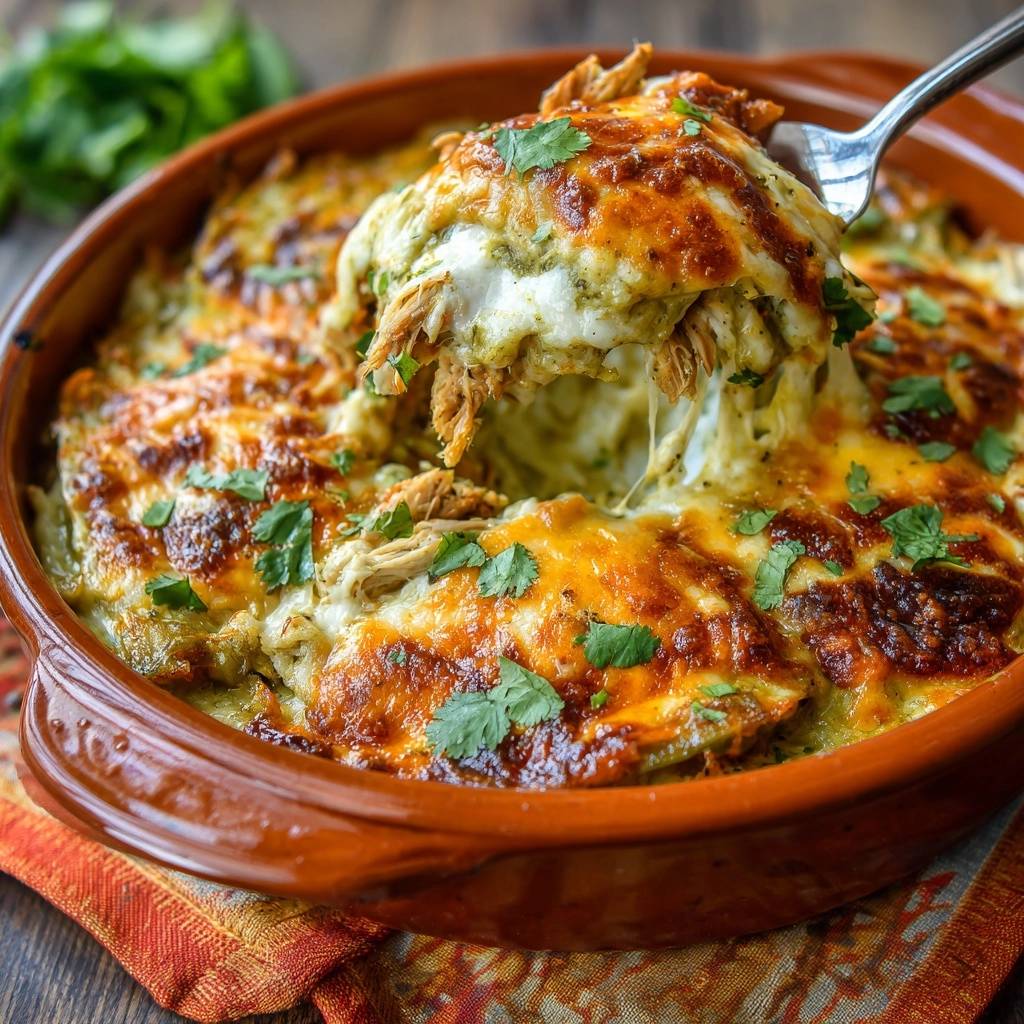 Saftige Hühner-Enchiladas Verdes, angeschnitten mit geschmolzenem Käse und Hühnchen, garniert mit Koriander