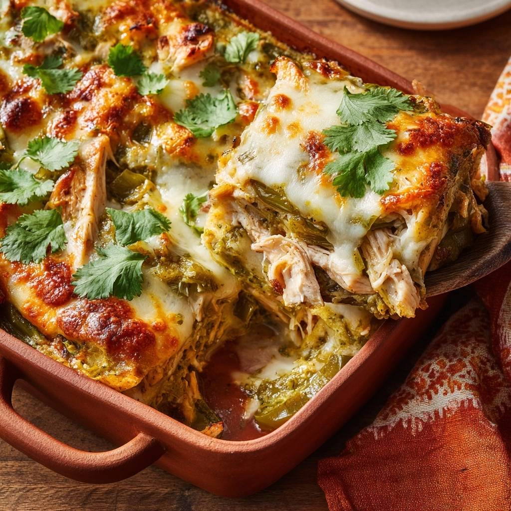 Saftige Hühner-Enchiladas Verdes angeschnitten mit geschmolzenem Käse und Koriander garniert