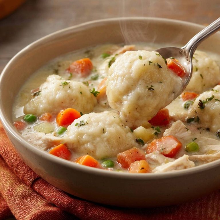 Cremige Hühnersuppe mit Klößen, eine Klößchen wird mit einem Löffel aus der Schüssel gehoben.