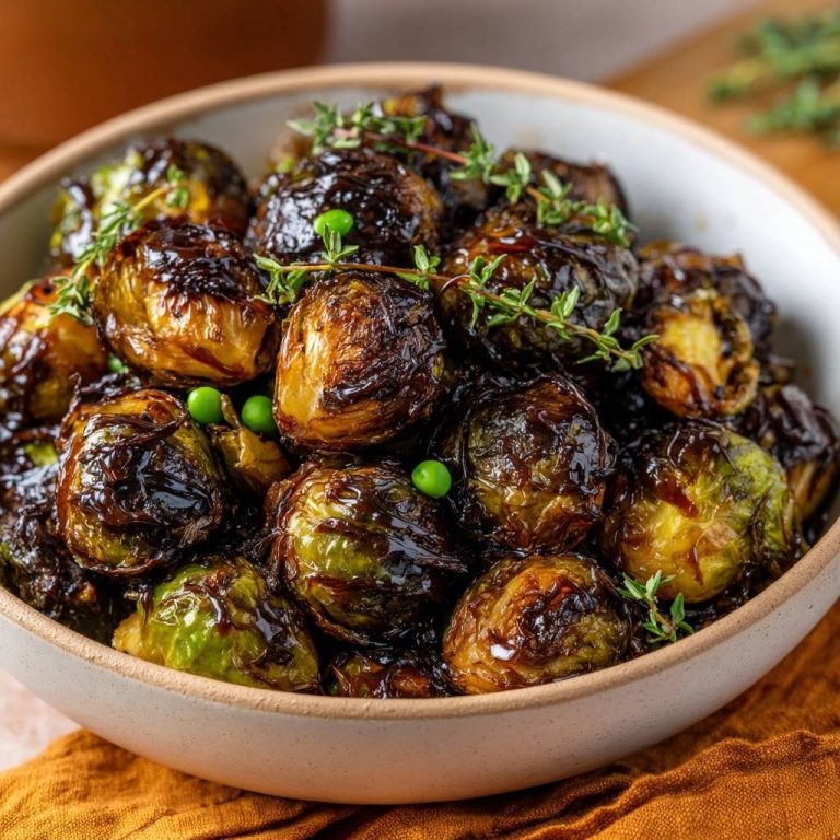 Karamellisierter Rosenkohl mit Thymian, Nahaufnahme der glänzenden Glasur und frischen Kräutern in einer Schüssel.