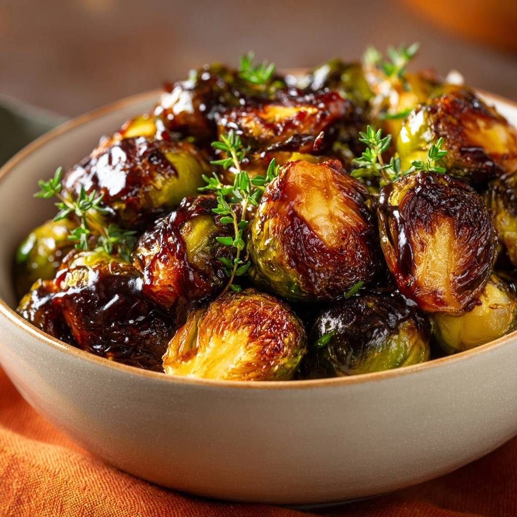 Karamellisierter Rosenkohl mit Thymian, eine Nahaufnahme des glasierten Gemüses mit frischen Kräutern garniert.
