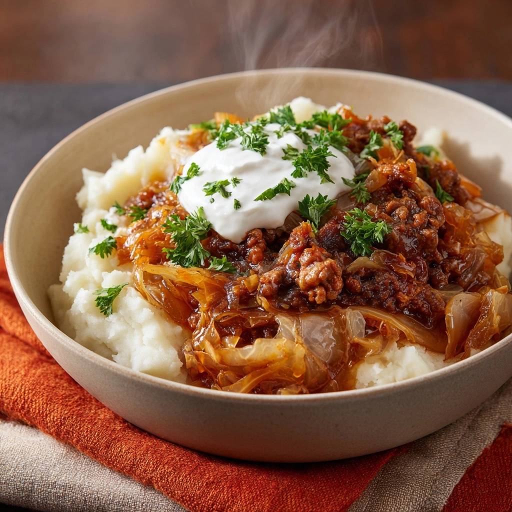Karamellisierter Zwiebel-Hack auf cremigem Kartoffelpüree, serviert mit einem Klecks Sauerrahm und Petersilie, mit Dampfaufstieg.