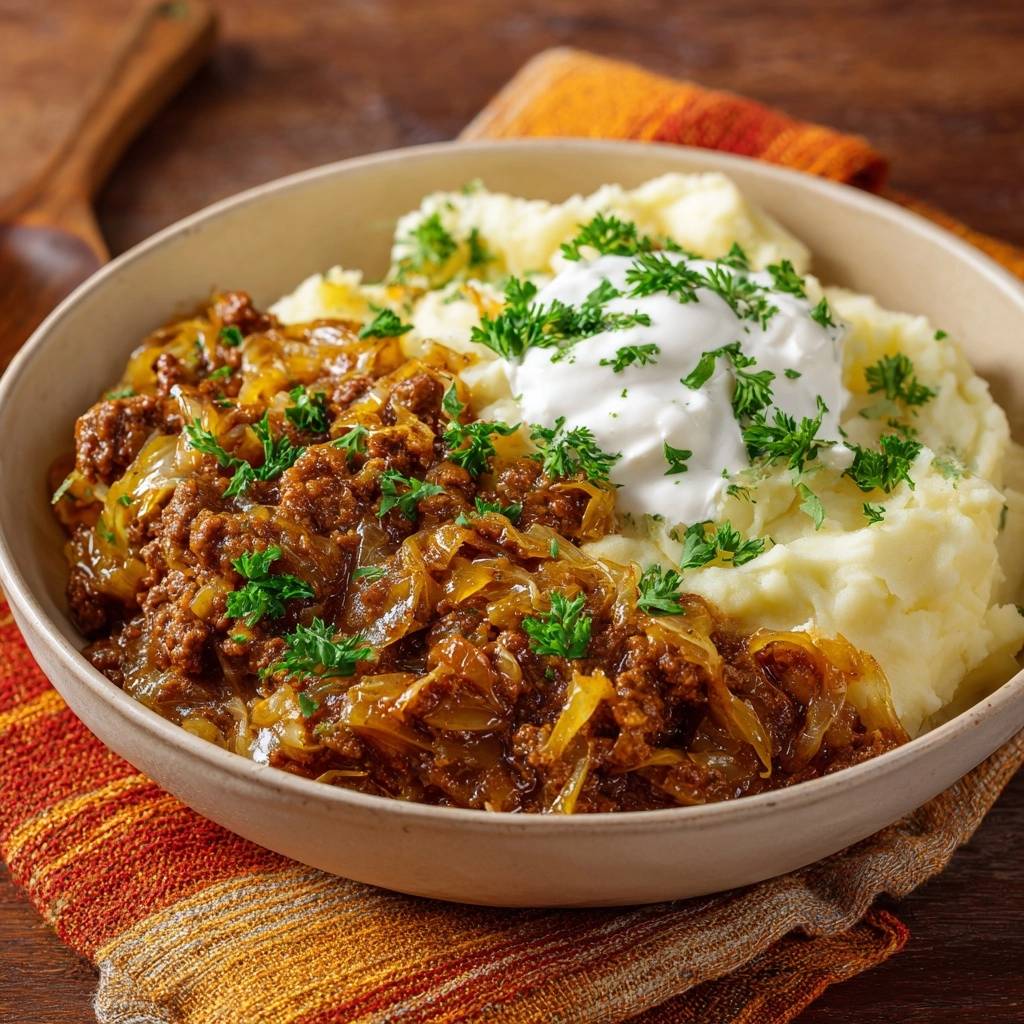 Karamellisierter Zwiebel-Hack auf cremigem Kartoffelpüree, serviert mit einem Klecks Sauerrahm und gehackter Petersilie.