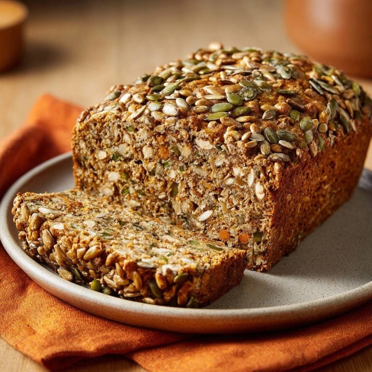 Rustikales Karotten-Samen-Vollkornbrot angeschnitten auf einem Teller mit sichtbarem Kern und Saaten-Topping.