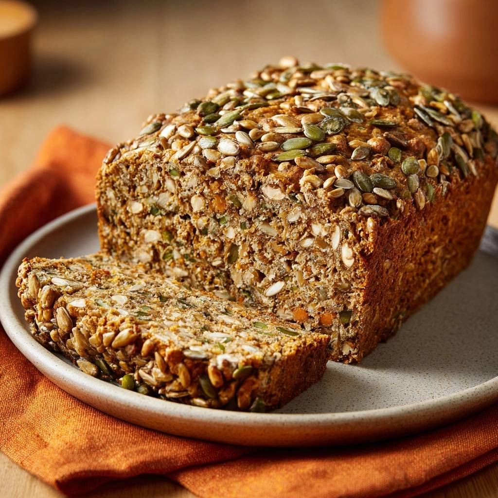 Rustikales Karotten-Samen-Vollkornbrot angeschnitten auf einem Teller mit sichtbarem Kern und Saaten-Topping.