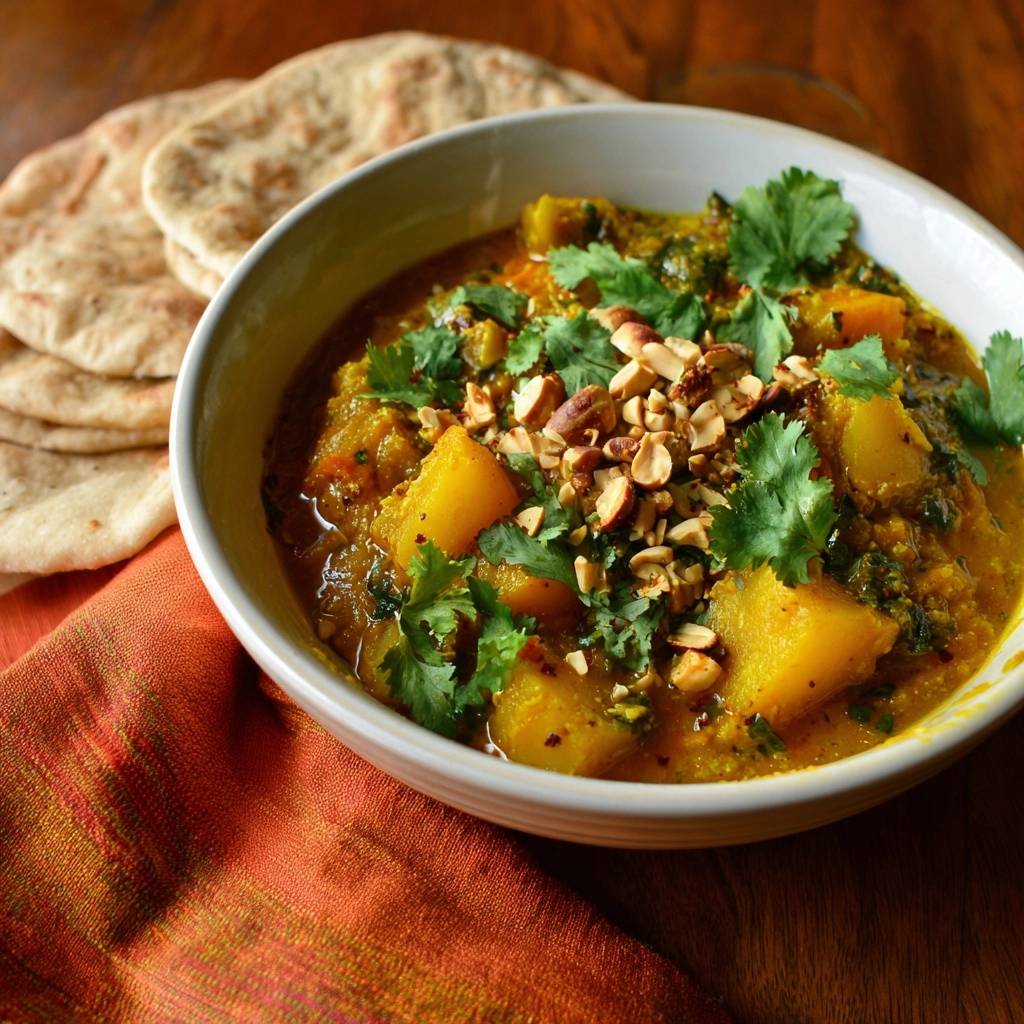 Kartoffel Blumenkohl Erdnuss Curry Garniert Mit Erdnuss Und 1 Cremiges Kartoffel-Blumenkohl-Erdnuss-Curry mit Erdnüssen und Koriander garniert, serviert mit Fladenbrot.