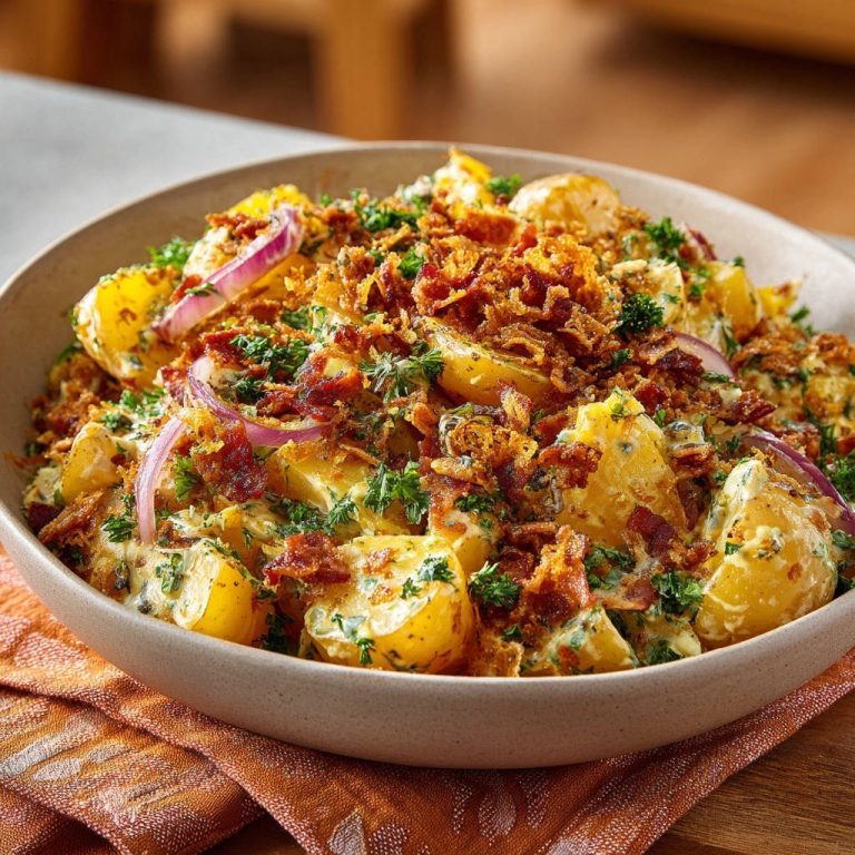 Herzhafter Kartoffelsalat mit Knusper-Topping in einer Schüssel, nahaufnahme der Garnitur und cremigen Sauce.