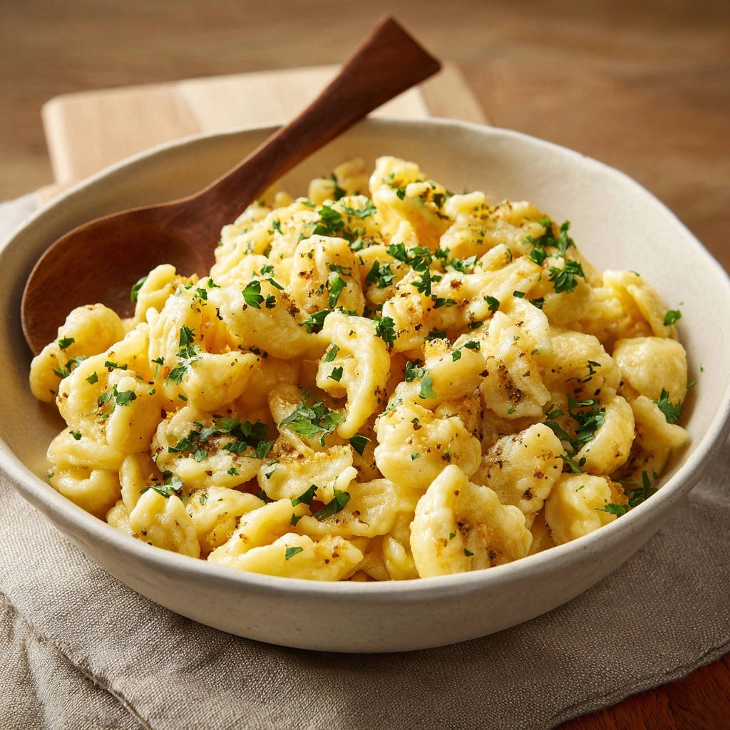 Klassische Kartoffel-Gnocchi mit Butter und Petersilie, garniert mit frischer Petersilie und Gewürzen, in einer Schüssel serviert.