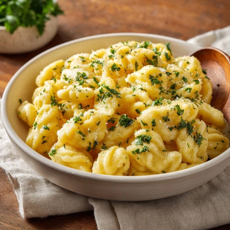 Klassische Kartoffel-Gnocchi mit Butter und Petersilie, eine Nahaufnahme des Gerichts, garniert mit frischer Petersilie und Parmesan.