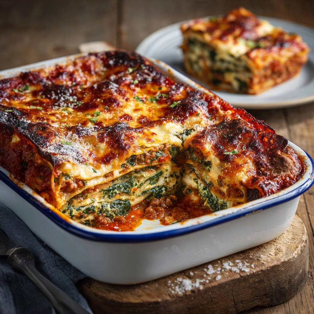 Klassische Ofen-Lasagne mit Spinat, angeschnitten im Keramik-Auflaufform, mit geschmolzenem Käse und Fleischsauce sichtbar