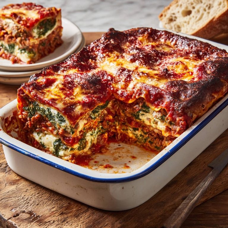 Klassische Ofen-Lasagne mit Spinat angeschnitten in einer Auflaufform, mit sichtbaren Schichten aus Hackfleisch, Spinat und Käse.