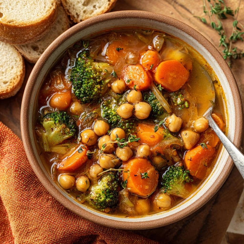 Knackige Brokkoli Kichererbsen Suppe Nahaufnahme 1 Knackige Brokkoli-Kichererbsen-Suppe als Nahaufnahme mit sichtbaren Karottenstücken, Brokkoliröschen und Kichererbsen.