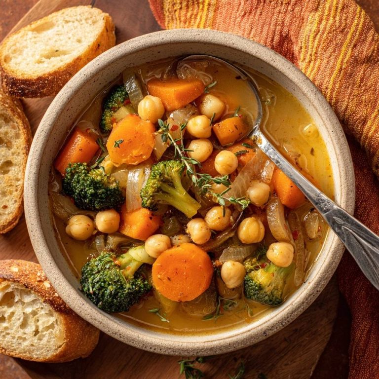 Knackige Brokkoli-Kichererbsen-Suppe in einer Schüssel mit Brot und Löffel, von oben betrachtet.