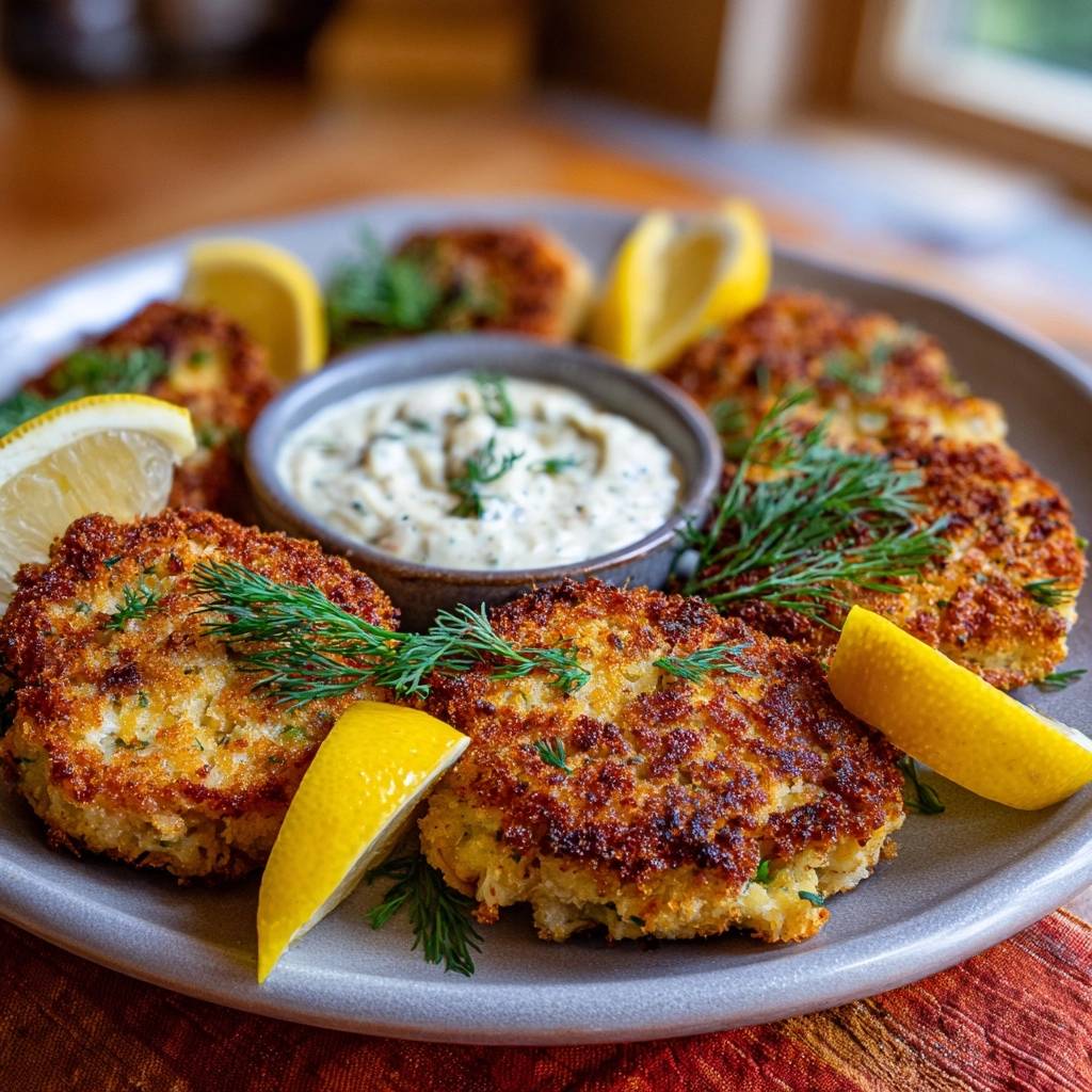 Knusprige Dill-Krabbenkuchen mit Zitronen-Dill-Dip, serviert mit einem Zitronenschnitz und Dillzweigen auf einem Teller