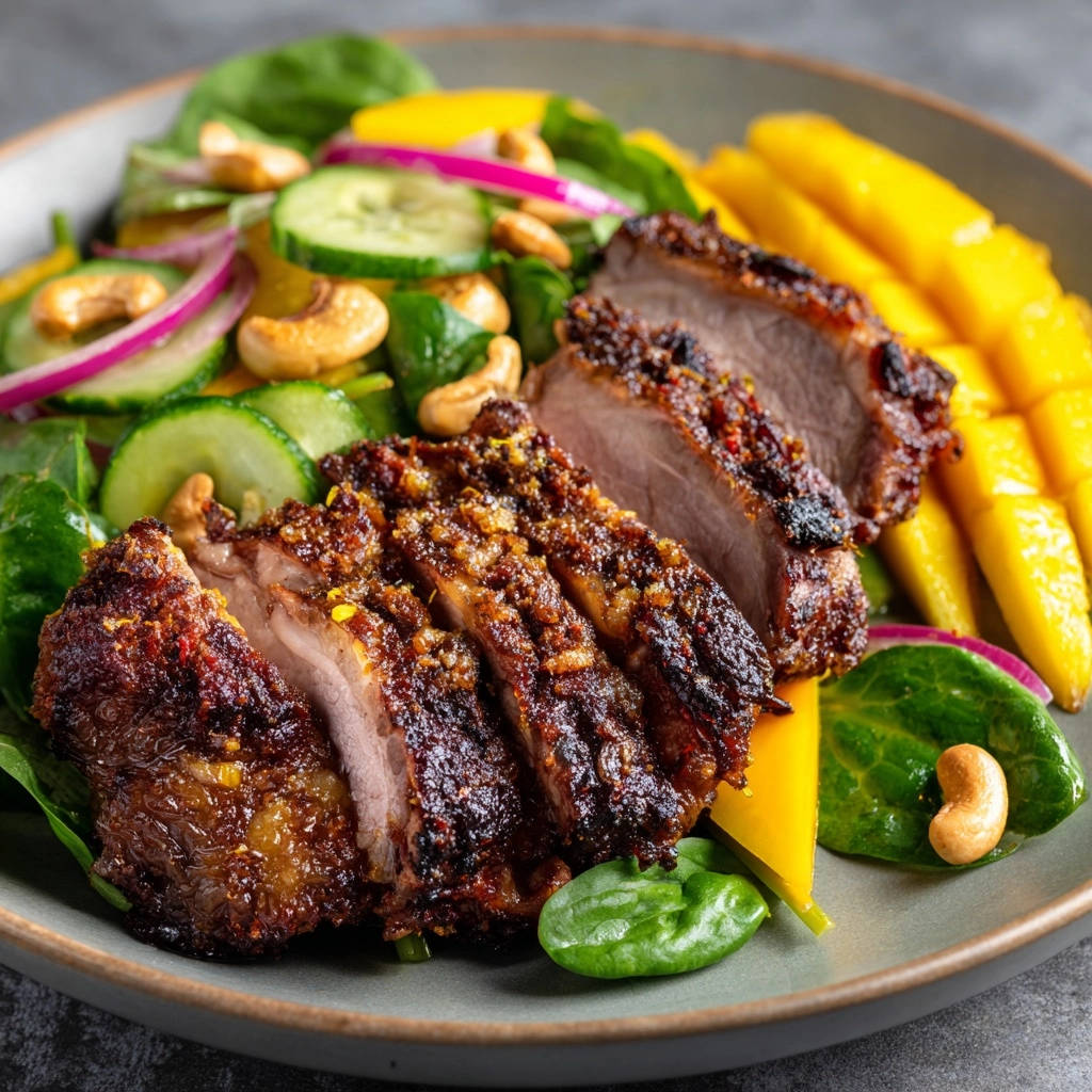 Knusprige Entenbrust mit exotischem Mangosalat, angeschnitten und saftig, mit frischem Gemüse und Cashewkernen auf dem Teller.