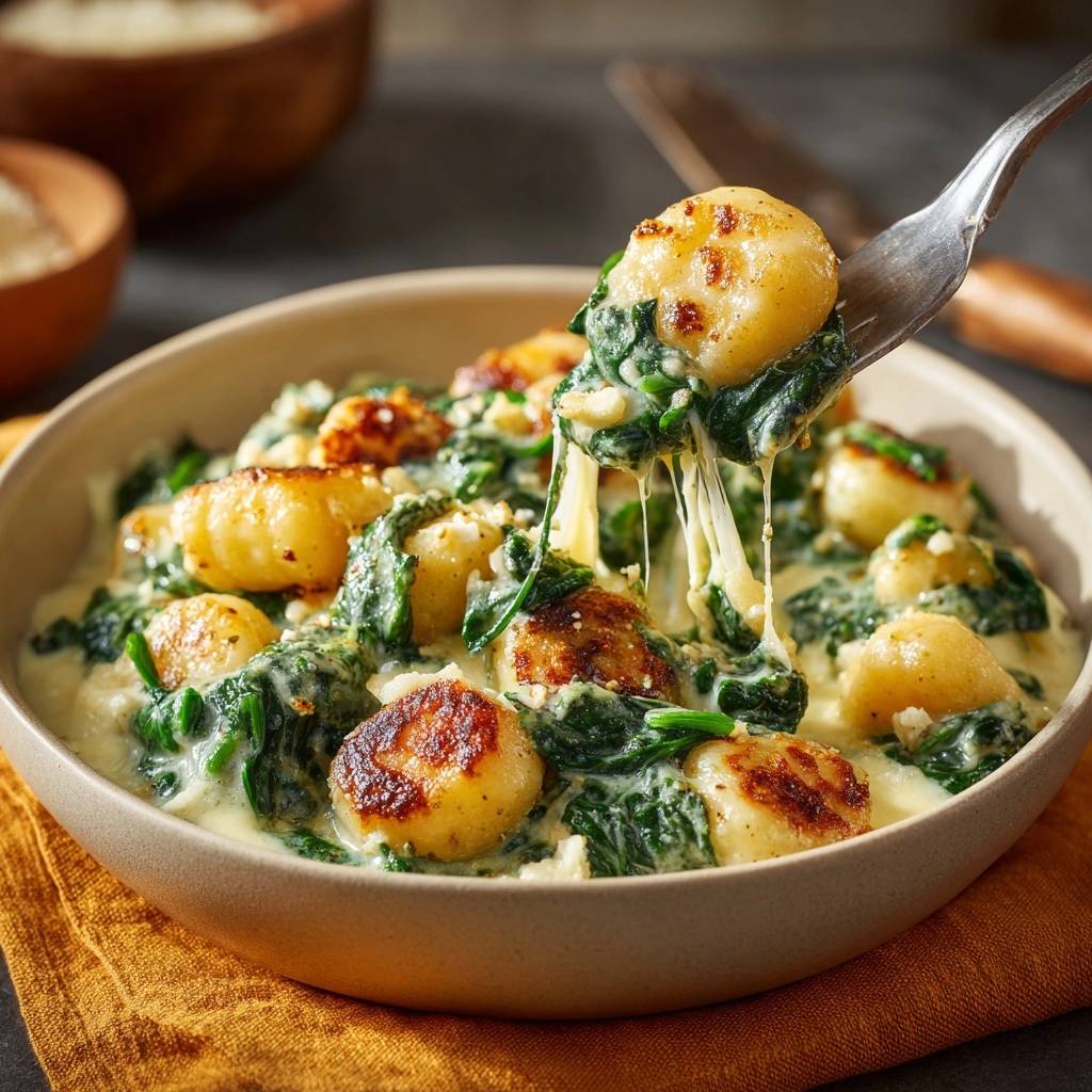 Knusprige Gnocchi in Spinat-Feta-Sauce mit geschmolzenem Käse, auf einer Gabel serviert.