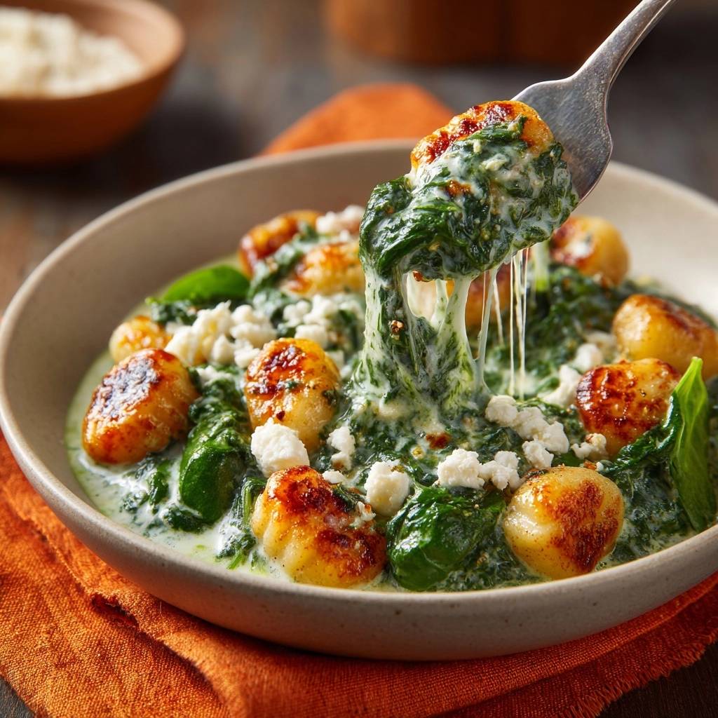 Knusprige Gnocchi in Spinat-Feta-Sauce, eine Gabel hebt eine Portion heraus, die von schmelzenden Käsefäden zusammengehalten wird.