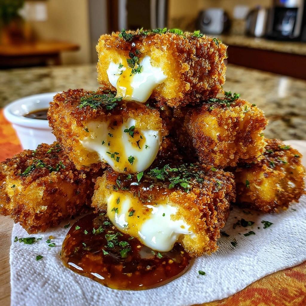 Knusprige Halloumi-Würfel mit Kräuter-Chili-Dip, angeschnitten mit schmelzendem Käse innen und Dip daneben.