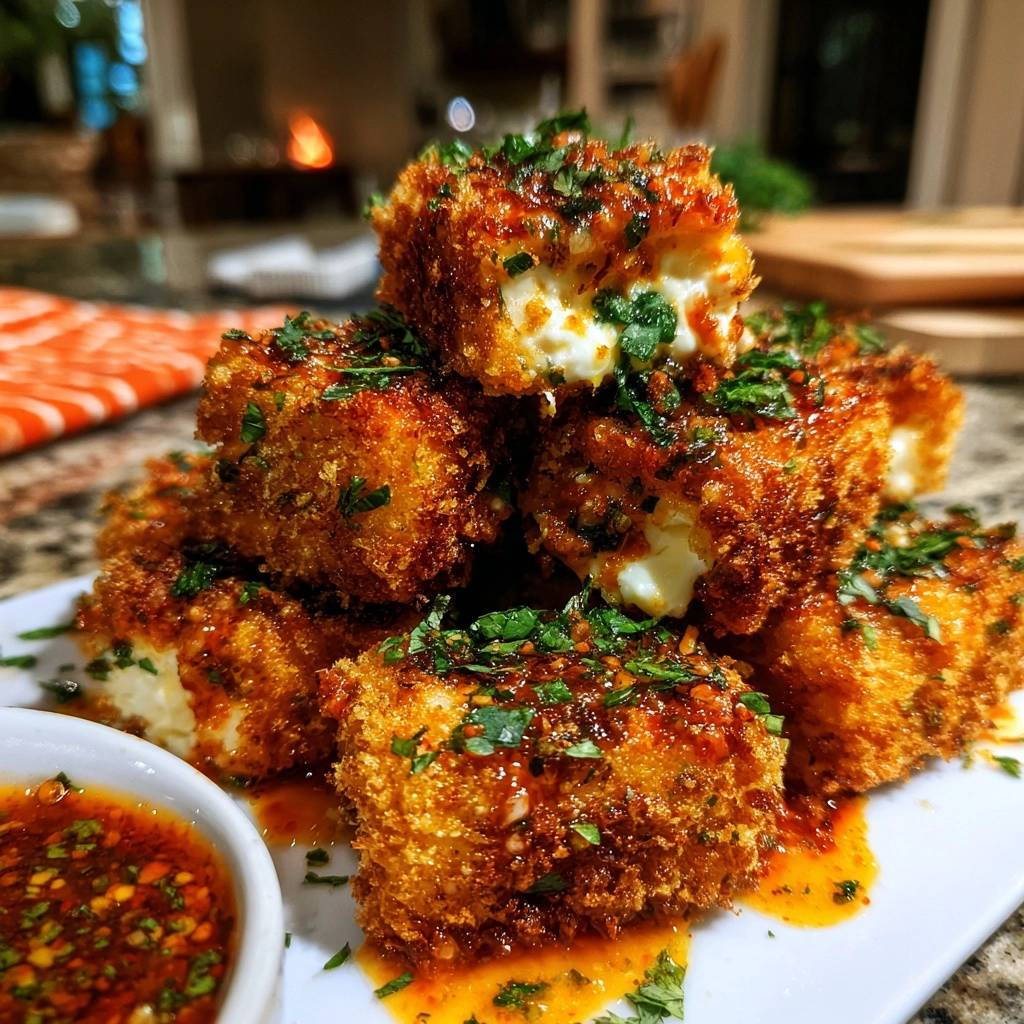 Knusprige Halloumi-Würfel mit Kräuter-Chili-Dip, angeschnitten und mit Dip serviert, zeigen das cremige Innere.
