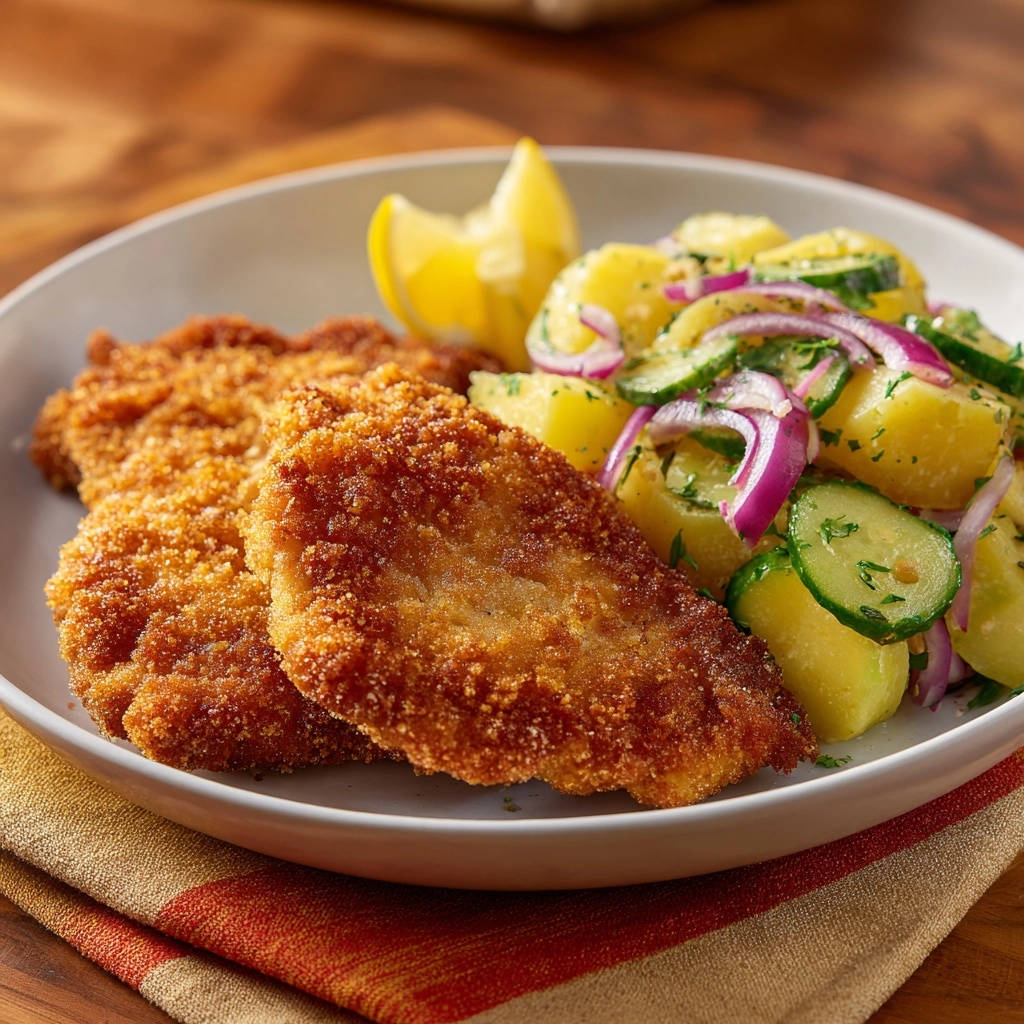 Knusprige Hähnchen-Schnitzel mit cremigem Kartoffel-Gurken-Salat, serviert mit einer Zitronenspalte auf einem Teller.