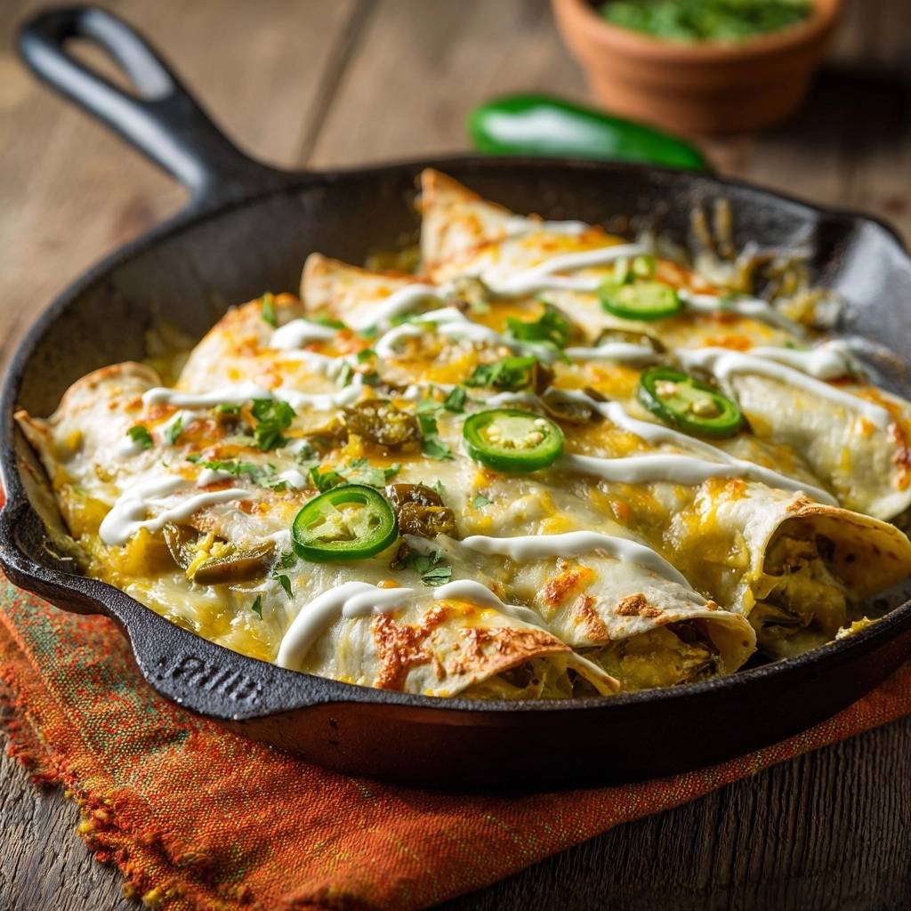 Knusprige Jalapeño-Enchiladas in einer gusseisernen Pfanne, garniert mit Sauerrahm und Jalapeño-Scheiben.