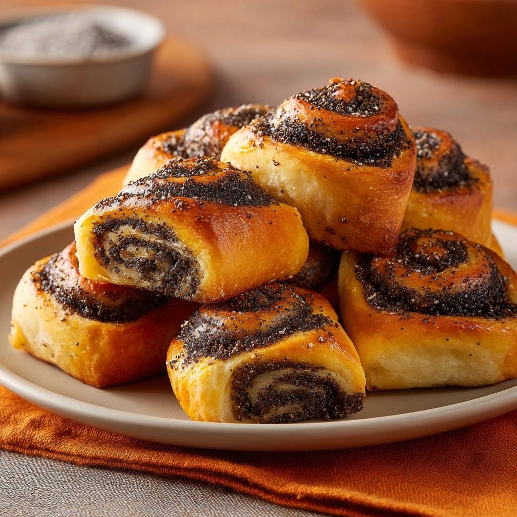 Knusprige Mohnschnecken Nahaufnahme Querschnitt 1 Knusprige Mohnschnecken im Nahaufnahme-Querschnitt, die saftige Füllung und die goldbraune Kruste zeigend.