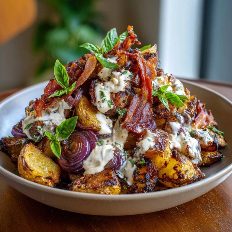 Knusprige Ofenkartoffeln mit Bacon, Roten Zwiebeln & Kräutercreme, garniert mit frischem Basilikum und einem cremigen Dressing.