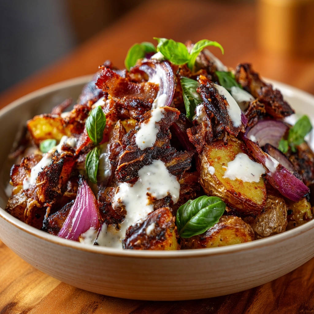 Knusprige Ofenkartoffeln Mit Bacon Detail Garniert 1 Knusprige Ofenkartoffeln mit Bacon, Roten Zwiebeln & Kräutercreme, detailreiche Nahaufnahme mit frischen Kräutern garniert.