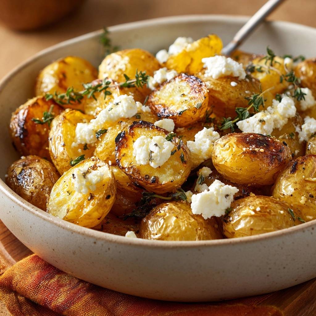 Knusprige Thymian-Babykartoffeln mit Feta, detailreiche Nahaufnahme der Garnitur aus zerbröckeltem Feta und frischen Thymianzweigen.