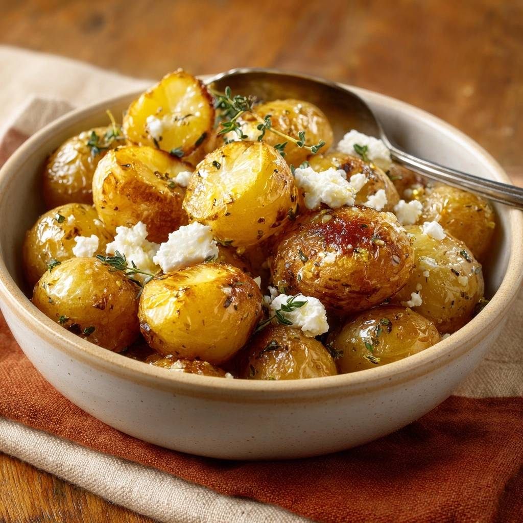Knusprige Thymian-Babykartoffeln mit Feta, garniert mit frischem Thymian und zerbröckeltem Feta-Käse in einer Schüssel.