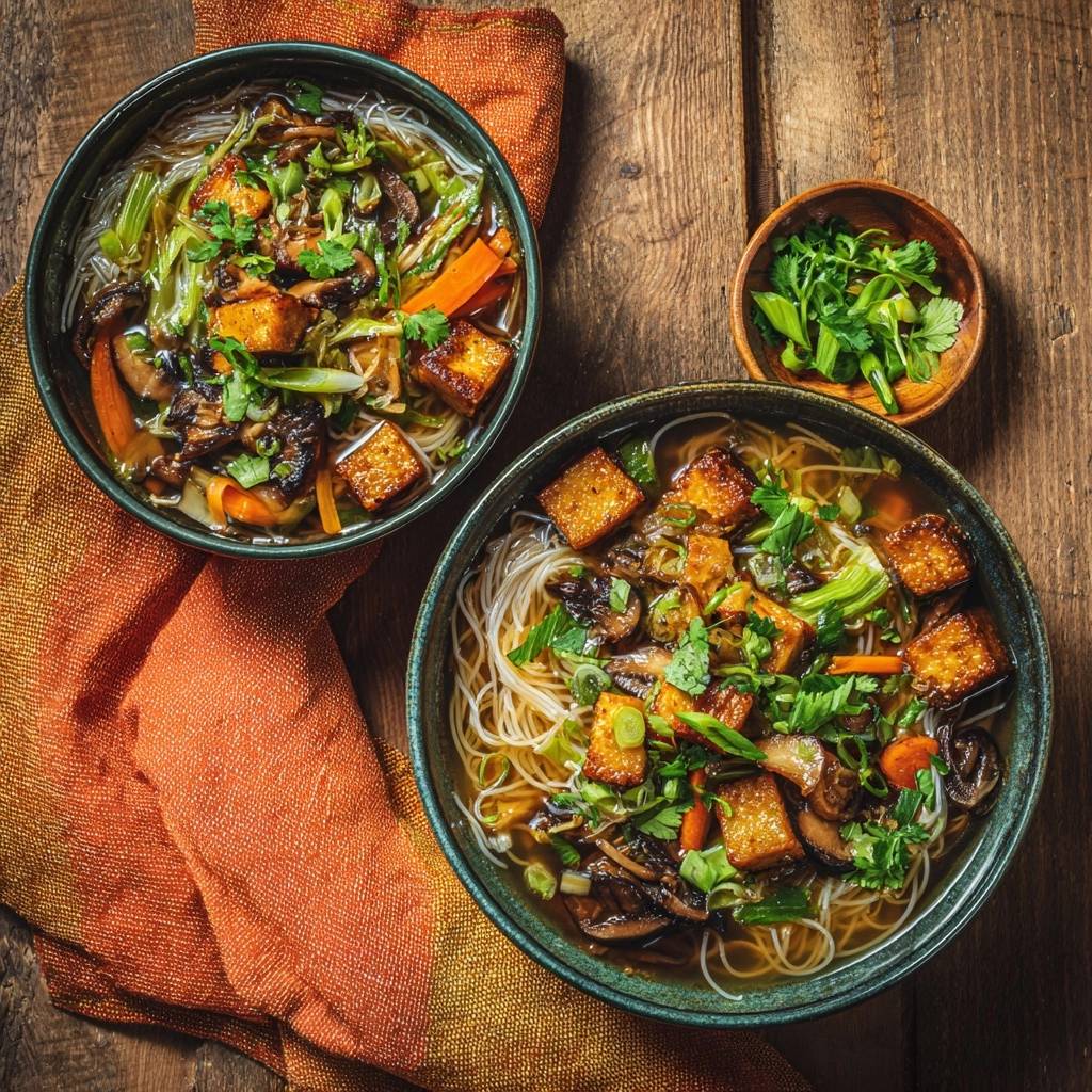 Knusprige Tofu-Glasnudelsuppe serviert in zwei Schalen mit frischen Kräutern und Gemüse, von oben fotografiert.