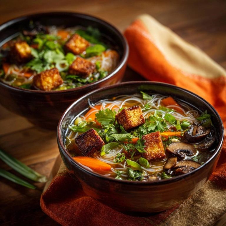 Knusprige Tofu-Glasnudelsuppe als Nahaufnahme mit gebratenem Tofu, Gemüse und Nudeln, serviert in einer Schüssel.