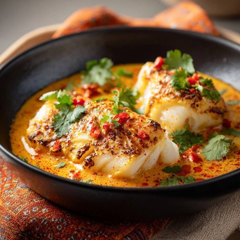 Knuspriger Fisch in cremigem Curry, nahaufnahme mit frischer Koriander- und Chiligarnitur.