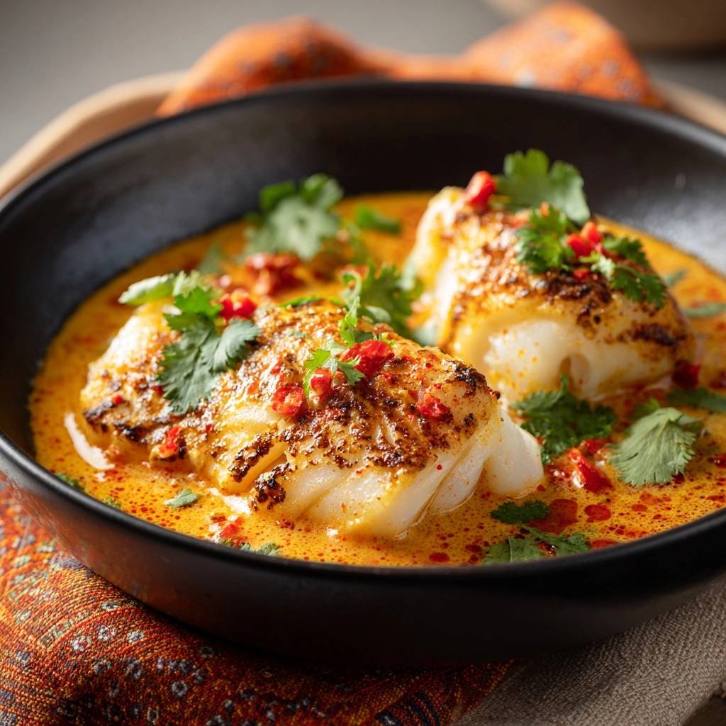 Knuspriger Fisch in cremigem Curry, nahaufnahme mit frischer Koriander- und Chiligarnitur.