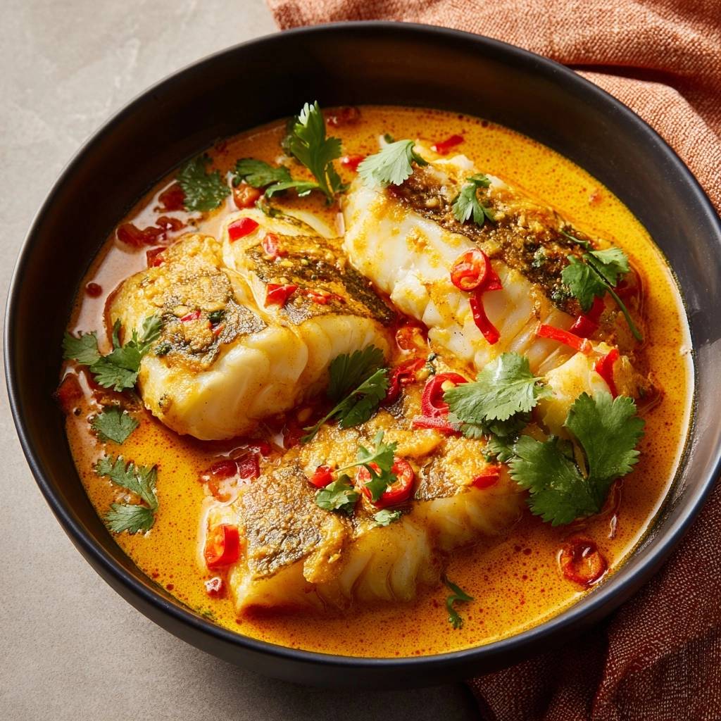 Knuspriger Fisch in cremigem Curry, eine Nahaufnahme von oben mit frischen Kräutern und Chilischeiben garniert.