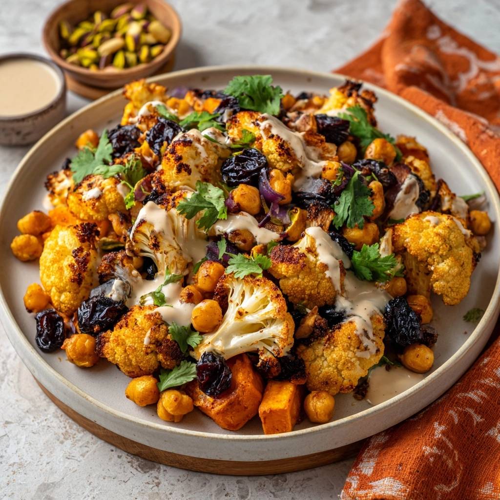 Knuspriger Ofen Bltenkohl Mit Tahini Garniert 1 Knuspriger Ofen-Blütenkohl mit Süßkartoffel & Tahini, serviert mit Tahini-Dressing und garniert mit frischer Petersilie.
