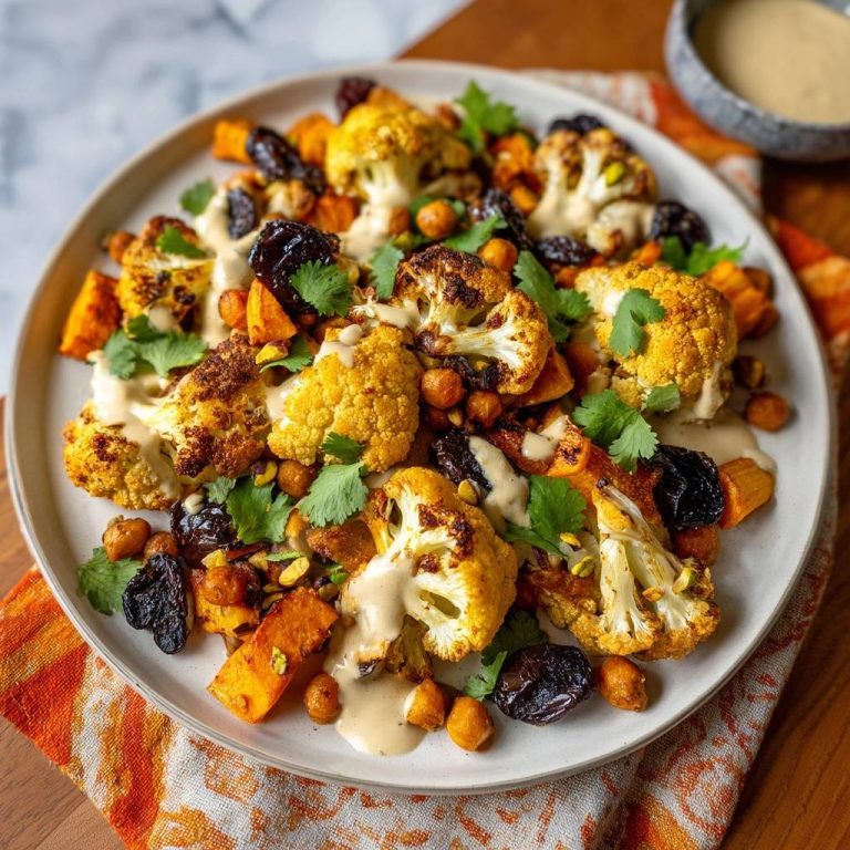 Knuspriger Ofen-Blumenkohl mit Süßkartoffel & Tahini auf einem Teller serviert, beträufelt mit Tahini-Sauce und garniert mit Kräutern.
