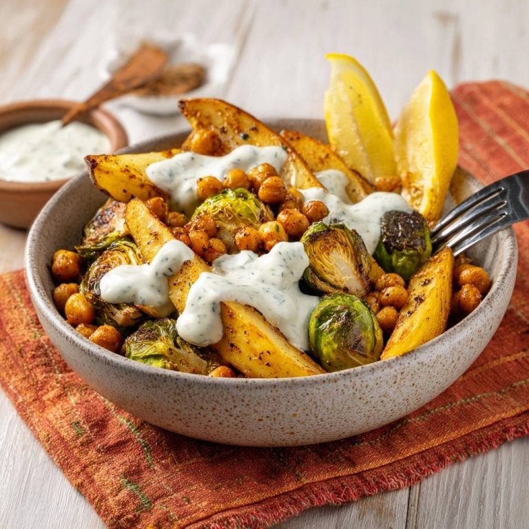 Knuspriger Rosenkohl-Bowl mit Kichererbsen und Kartoffelwedges, serviert auf einem Teller mit einem cremigen Dip und Zitronenspalten.