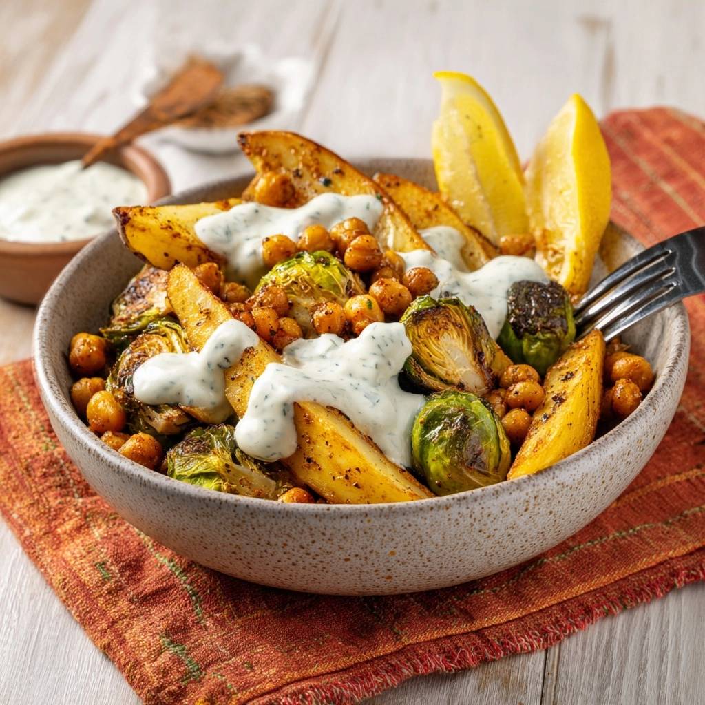 Knuspriger Rosenkohl-Bowl mit Kichererbsen und Kartoffelwedges, serviert auf einem Teller mit einem cremigen Dip und Zitronenspalten.