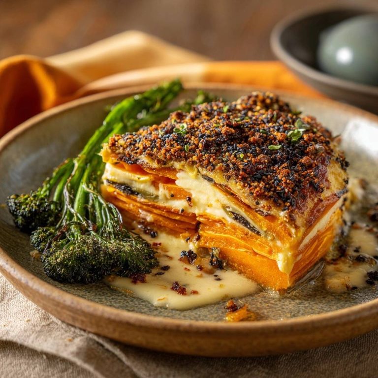 Knuspriger Süßkartoffel-Gratin mit Spargel, angeschnitten, zeigt die geschichteten Süßkartoffeln und cremige Füllung.