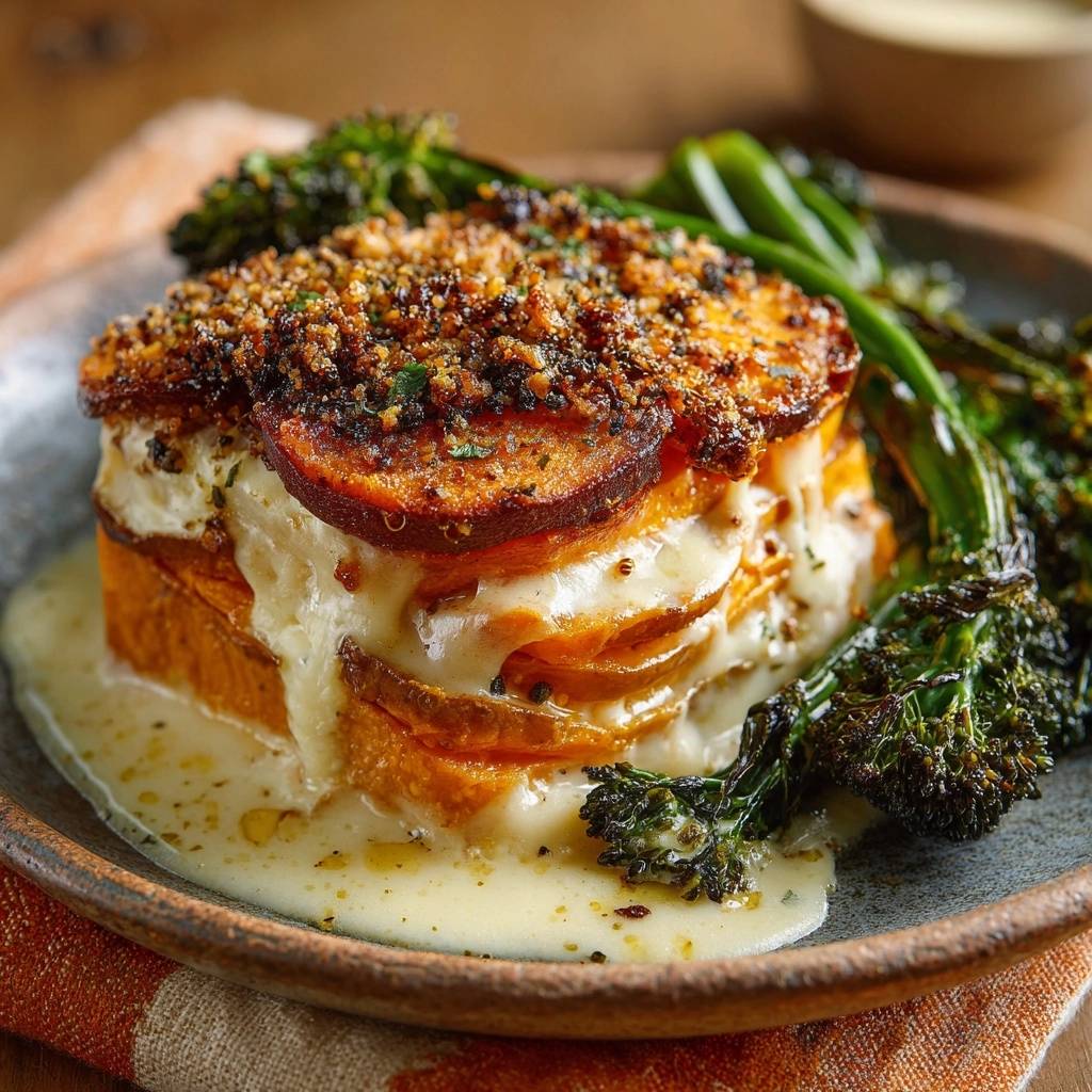 Knuspriger Suesskartoffel Gratin Nahaufnahme Mit Kaese 1 Knuspriger Süßkartoffel-Gratin mit Spargel, hier als Nahaufnahme mit geschmolzenem Käse und knuspriger Kruste auf einem Teller serviert.