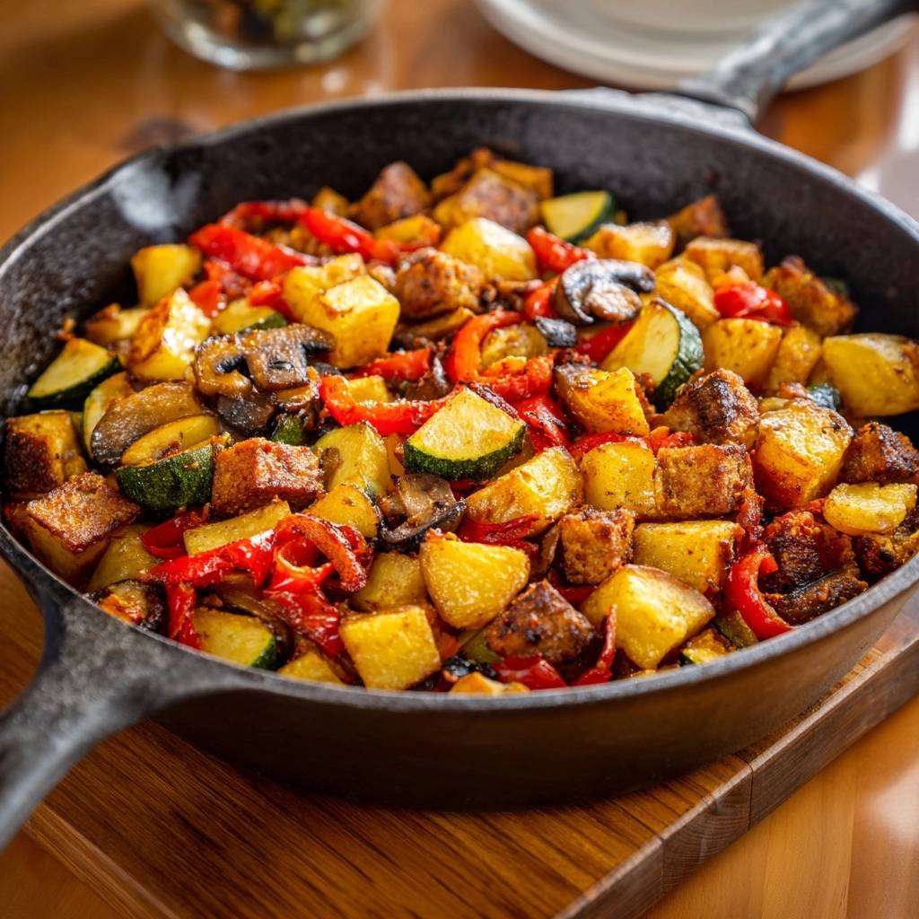 Knuspriger Tofu Gemuese Hash In Pfanne 1 Knuspriger Tofu-Gemüse-Hash in einer Gusseisenpfanne, mit Kartoffeln, Zucchini, Paprika und Pilzen.
