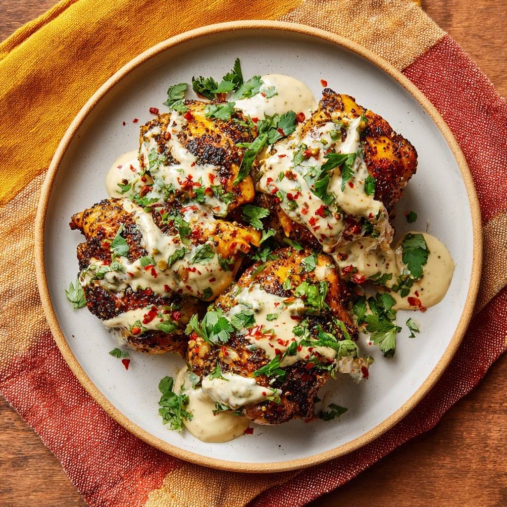 Knuspriges Gewürz-Hähnchen mit cremiger Sauce, von oben betrachtet und mit frischer Petersilie und Chili garniert.
