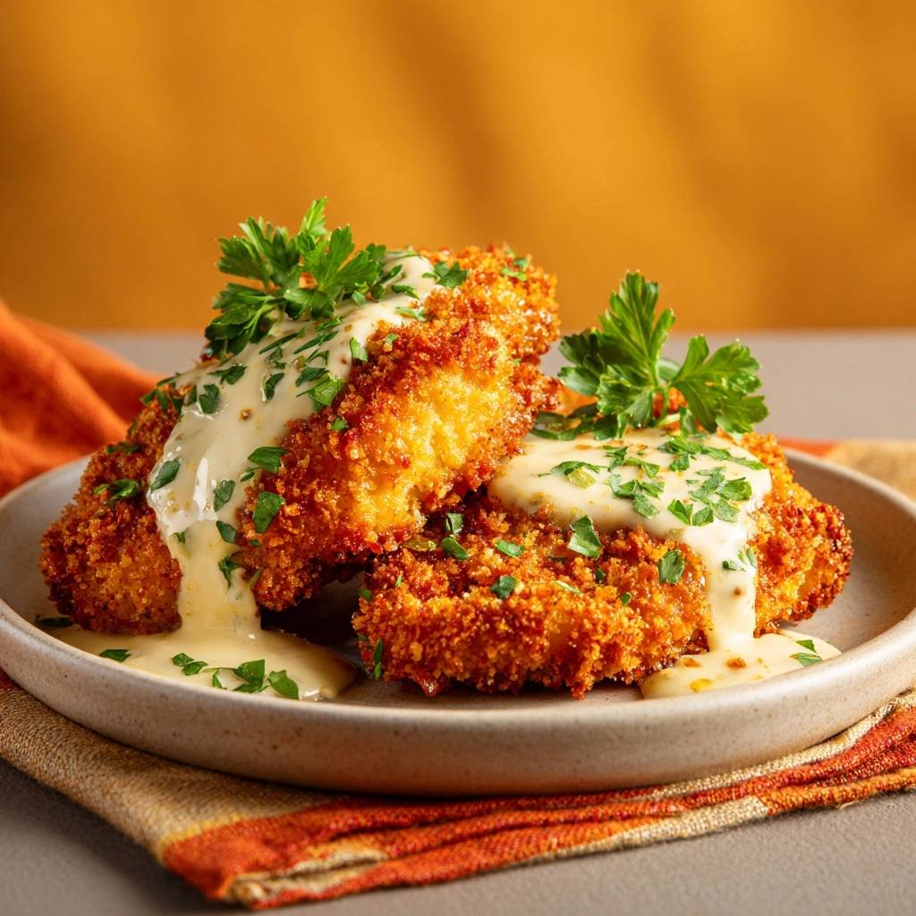 Knuspriges Hähnchenschnitzel mit cremiger Petersiliensauce, serviert auf einem Teller mit frischer Petersilie garniert.
