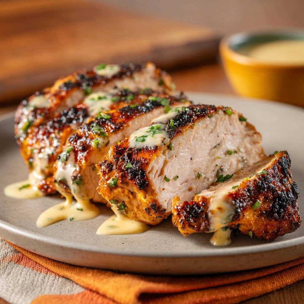 Knuspriges Putenfilet Mit Senf Kraeutersauce Angeschnitten 1 Knuspriges Putenfilet mit Senf-Kräutersauce, angeschnitten und mit Sauce übergossen, auf einem Teller serviert.