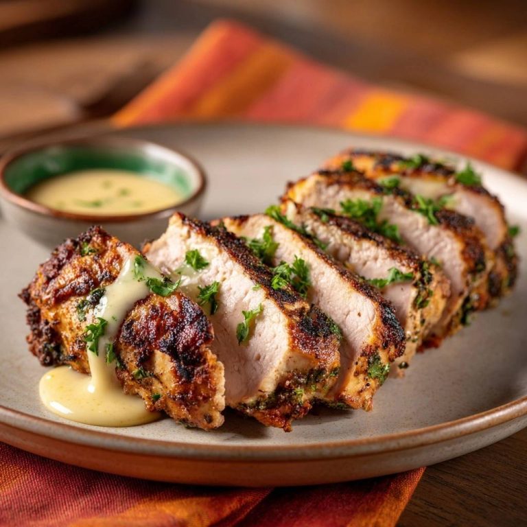 Knuspriges Putenfilet mit Senf-Kräutersauce, angeschnitten auf einem Teller mit einer Beilage Senf-Kräutersauce.